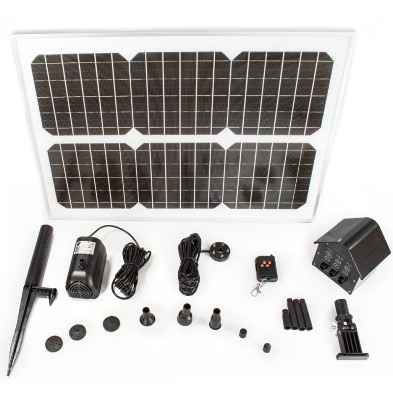 Solcellsfontän (30W), med fjärrkontroll, batteri och belysning